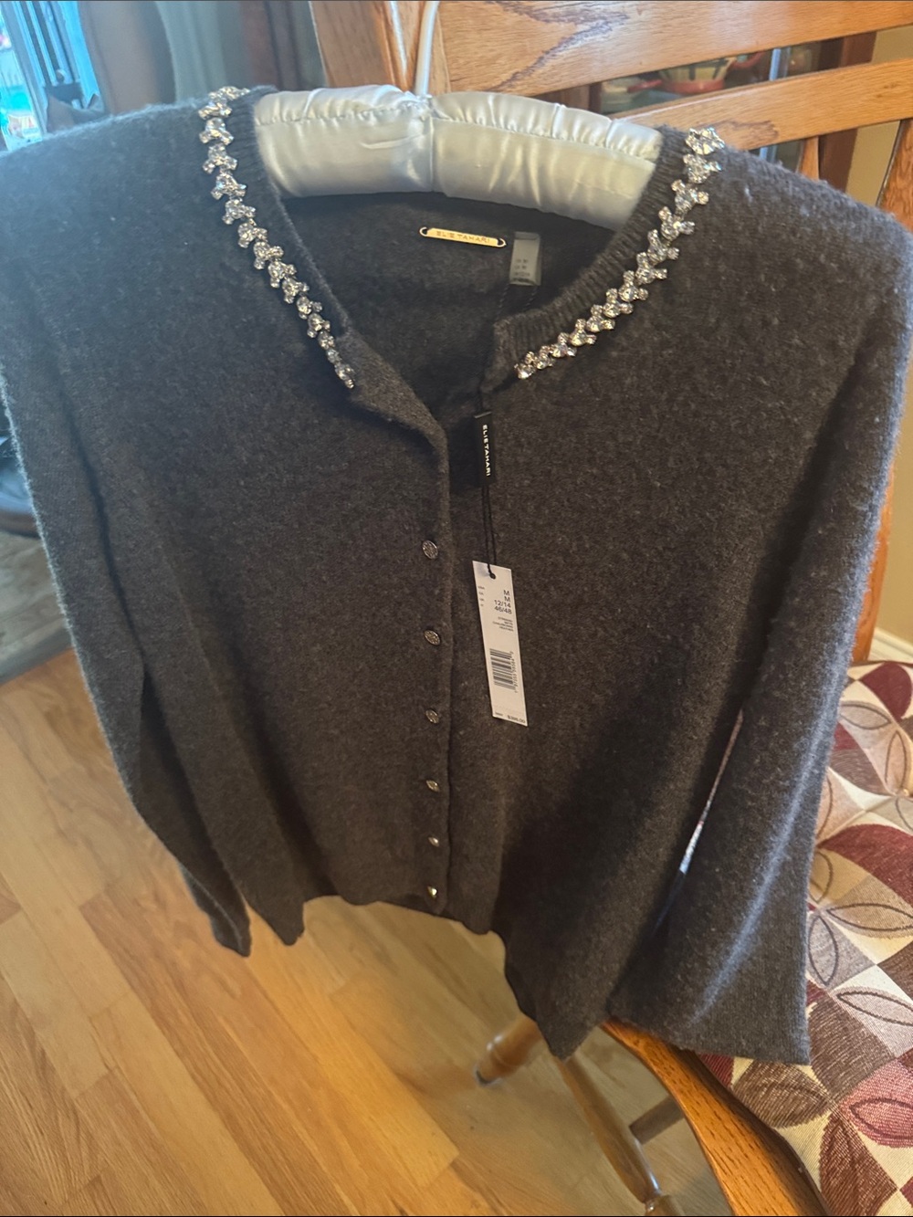 Elie Tahari Dark Gray Crystal-Embellished Collar Cardigan